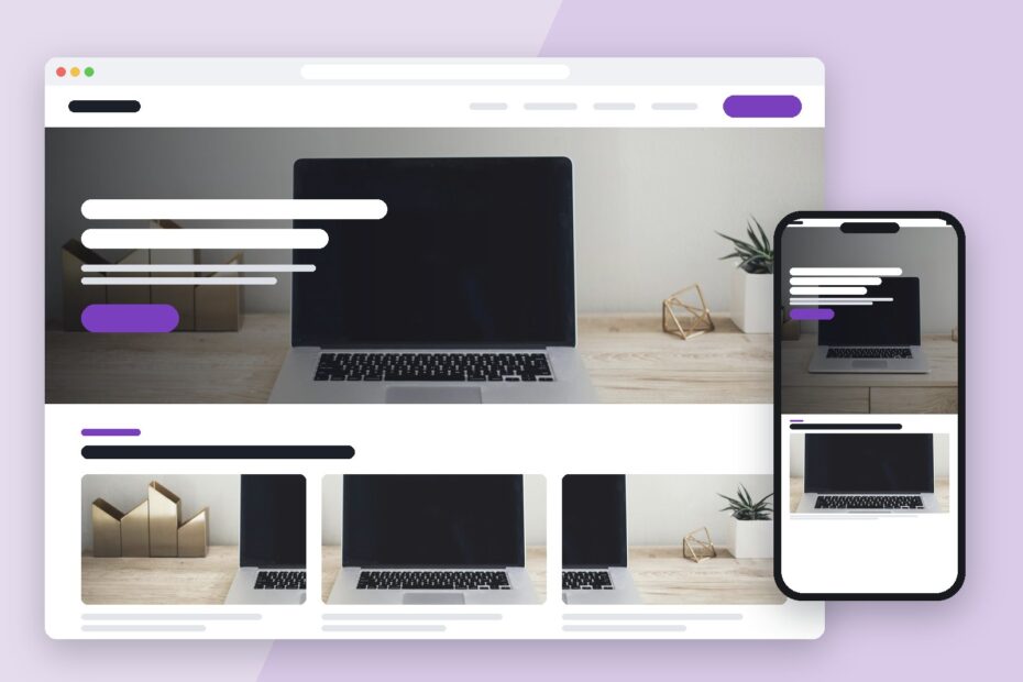 Illustration for the Elementor template kit install guide: an abstract web page with a photo header and content cards, shown in desktop and phone frames